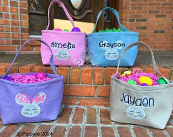 Personalized Embroidered Monogrammed Easter Basket with Adorable Custom Design Bunny Character Gift for Boy or Girl Blue Pink Tan Purple