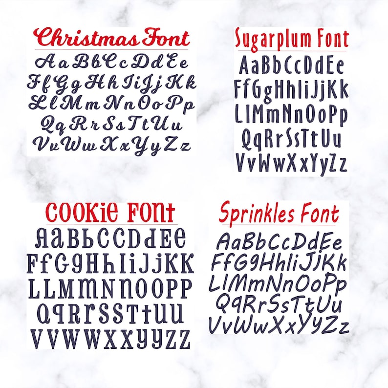 May include: Four different fonts are displayed in red and blue. The fonts are labeled "Christmas Font", "Sugarplum Font", "Cookie Font", and "Sprinkles Font". Each font displays the alphabet in lowercase letters.