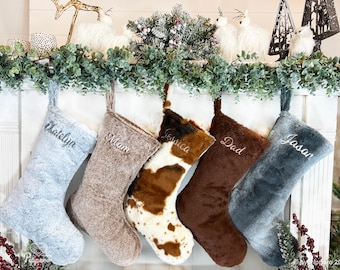 Personalized Custom Embroidered Modern Plush Family Christmas Stockings with Faux Fur Designs