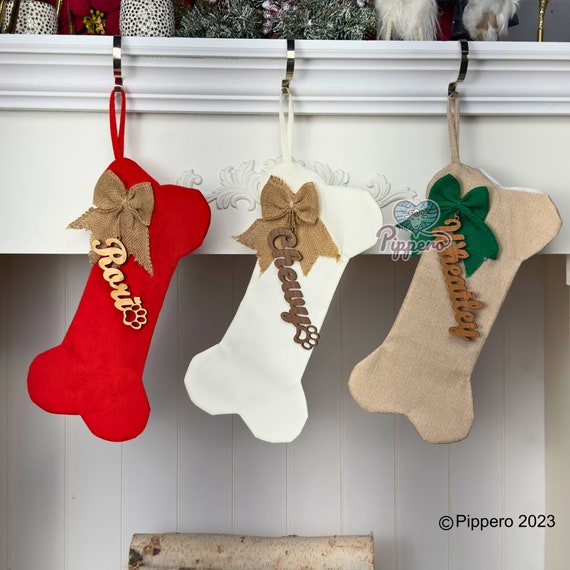 Personalized Custom Classic Dog Bone Design Christmas Stocking with Bow in Red White and Cream with Wooden Name Tag