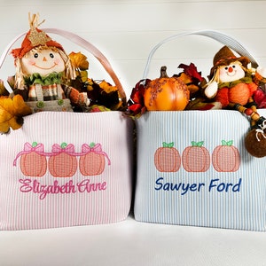 Personalized Custom Embroidered Striped Trick or Treat Halloween Bag Basket Bucket Tote Orange Pumpkin Design Kids Gift for Boy or Girl image 1