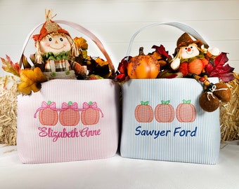 Personalized Custom Embroidered Striped Trick or Treat Halloween Bag Basket Bucket Tote Orange Pumpkin Design Kid’s Gift for Boy or Girl