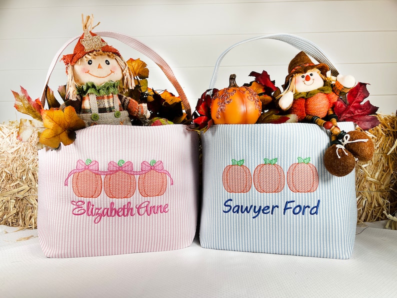 Personalized Custom Embroidered Striped Trick or Treat Halloween Bag Basket Bucket Tote Orange Pumpkin Design Kids Gift for Boy or Girl image 1