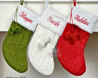 Cute Knit Christmas Stocking | Personalized Christmas Stocking | Name Monogram Embroidery Family Stockings Furry Cuff Pom Red Green White