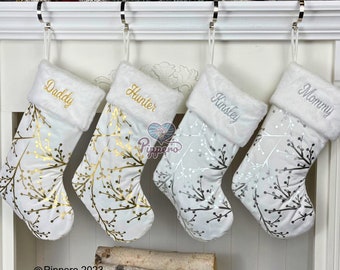 Personalized Custom Embroidered Classic Vintage Heirloom Gold Silver Velvet Family Christmas Stockings with Glittery Shiny Holly Design