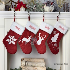 Personalized Custom Embroidered Classic Red and White Family Christmas Stockings with Rustic Designs
