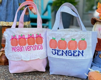 Personalized Embroidered Small Trick or Treat Halloween Candy Bag Basket Bucket Tote with Pumpkin Design Gift for Boy or Girl