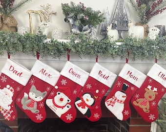 Medias navideñas personalizadas con apliques de peluche - Medias familiares bordadas - Medias con tacto aterciopelado