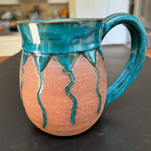 Teal Stoneware Mug, Hand Made Pottery, Southwest Turquoise Design Coffee Tea Cup, wheel Thrown