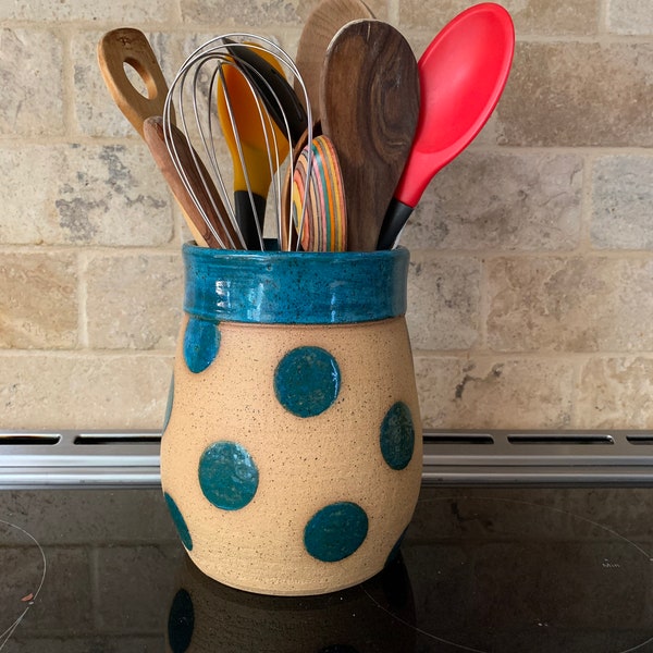 Wheel Thrown Pottery Crock, Kitchen Utensil Holder, Polka Dot Turquoise Jar with Lid, Hand Made Stoneware Vase, Wine Bottle Holder