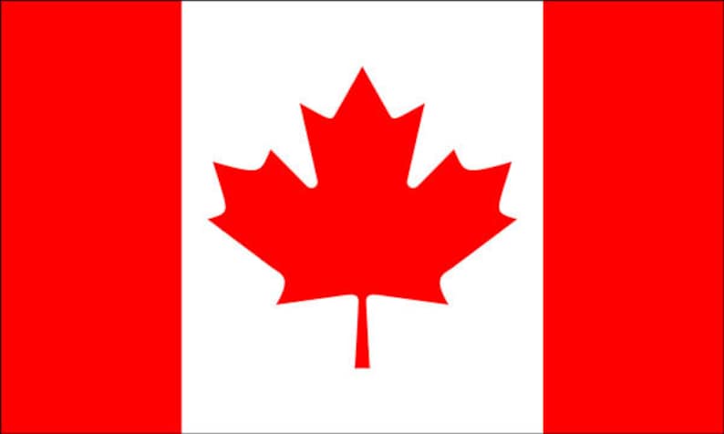 May include: The Canadian flag with a red maple leaf on a white background and red vertical stripes on either side.