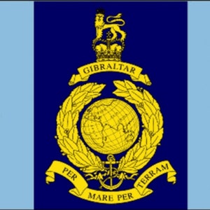 May include: A blue and yellow flag with the coat of arms of Gibraltar. The coat of arms features a lion, a globe, a wreath, and a scroll with the words "Per Mare Per Terram" and "Gibraltar".