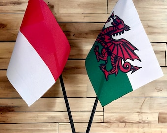 WALES AND INDONESIA table flag set with golden base