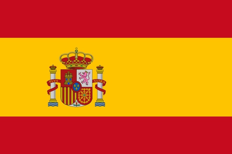 May include: The flag of Spain is a horizontal design with red and yellow stripes. The yellow band features the Spanish coat of arms, which includes a crown, a lion, and the words "Plus Ultra".