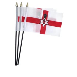 May include: A cluster of miniature Northern Ireland flags. Each flag has a white field with a red cross and a central emblem. The emblem includes a crown, a six-pointed star, and a red hand. The flags are mounted on black sticks with gold spearheads.