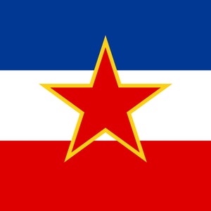 May include: A flag with three horizontal stripes of blue, white and red. A large red star with a yellow outline is centred on the white stripe.