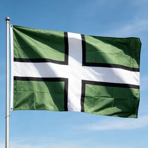 May include: A rectangular flag attached to a silver metal pole, featuring a dark green field divided by a centred white cross with thin black borders. The fabric shows visible horizontal and vertical creases, waving against a clear blue sky.