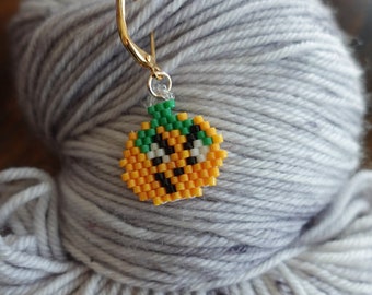 Hand beaded Grumpy Pumpkin Halloween Stitch Marker / Progress keeper knitting accessory