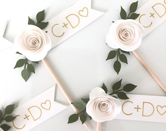 White Rose Wedding Cupcake Tag, Mini Cupcake Picks, Birthday, Wedding, Showers, Anniversary, Bachelorette Party, Baptism, Personalized