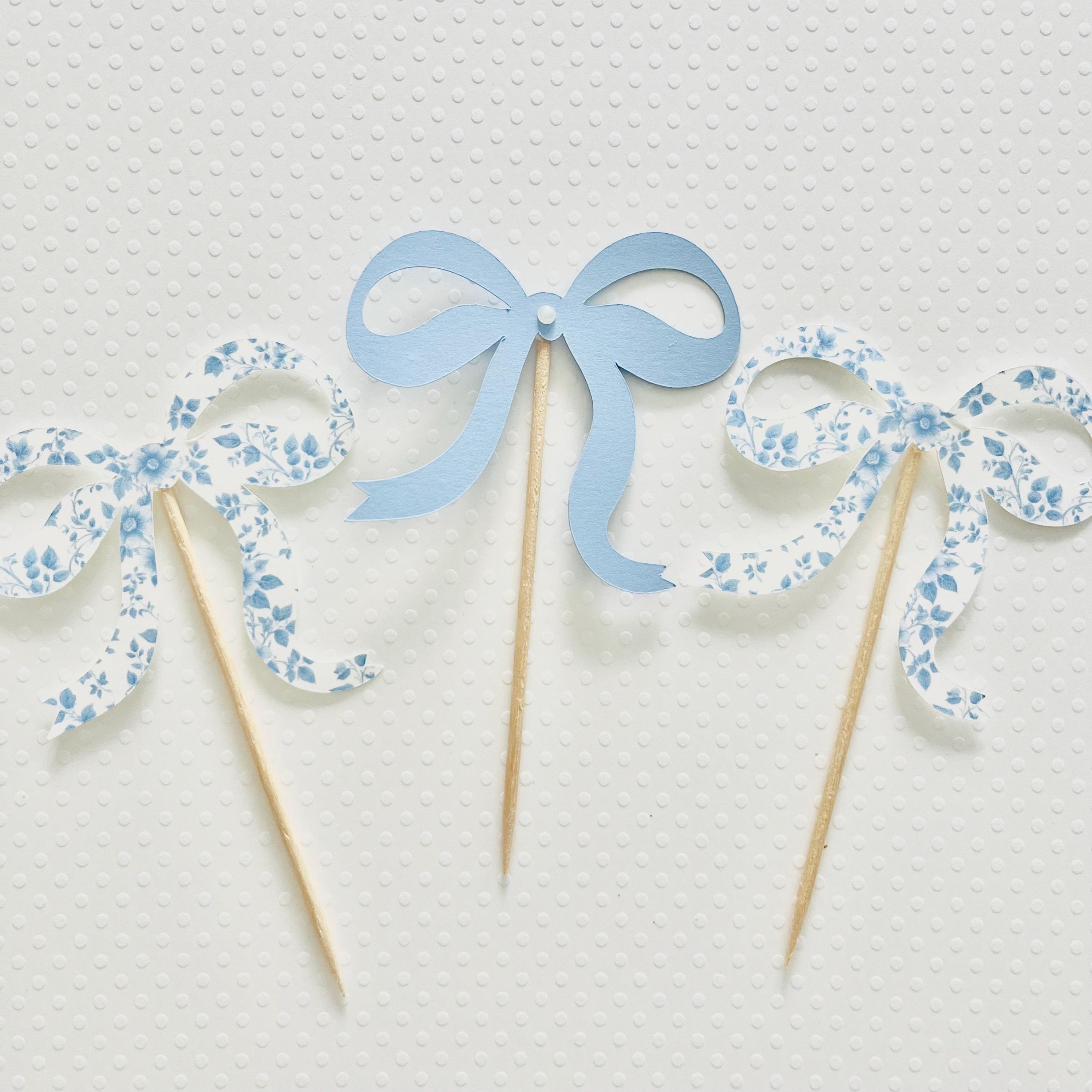 Blue Toile Bow Cupcake Toppers, Baby in Bloom Cupcake Topper, Blue Coquette Party, Blue Toile Baby Shower Cupcake Topper, Coquette Party