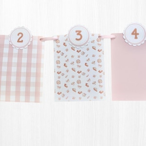 May include: A pink and white banner with three hanging paper elements. The first element has a pink gingham pattern, the second has a pattern of bows and cakes, and the third is solid pink. Each element is numbered 2, 3, and 4, respectively.