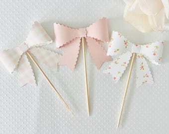 Pink Bow Baby Cupcake Toppers, Baby in Bloom Cupcake Topper, Pink Floral Rose Personalize Baby Shower Cupcake Topper, Coquette Girl Party
