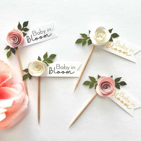 Baby in Bloom Cupcake Topper, Pink Rose Personalize Baby Shower Cupcake Topper