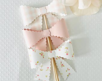 Pink Bow Baby Cupcake Toppers, Baby in Bloom Cupcake Topper, Pink Floral Rose Personalize Baby Shower Cupcake Topper, Coquette Girl Party