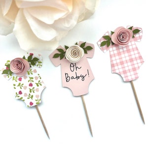 Oh Baby Cupcake Topper, Baby Bodysuit Pink Rose Personalize Baby Shower Cupcake Topper