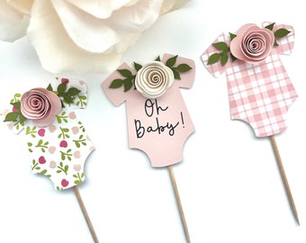 Oh Baby Cupcake Topper, Baby Bodysuit Pink Rose Personalize Baby Shower Cupcake Topper