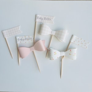 Pink Bow Baby Cupcake Toppers, Baby in Bloom Cupcake Topper, Pink Rose Personalize Baby Shower Cupcake Topper