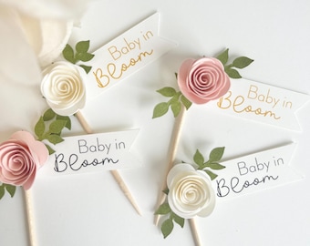 Baby in Bloom Cupcake Topper, Pink Rose Personalize Baby Shower Cupcake Topper