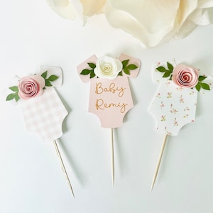 Oh Baby Cupcake Topper, Baby Bodysuit Pink Rose Personalize Baby Shower Cupcake Topper, Girl Pink Floral Baby Shower