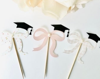 Coquette Graduation Cupcake Toppers, Pink Bow Cupcake Topper, Pink Floral Rose , Coquette Girl Party, Class of 2025
