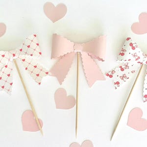 Pink Cherry Bow Baby Cupcake Toppers, Pink Coquette Personalized Baby Shower Cupcake Topper, Coquette Valentine Girl Party