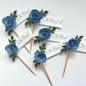 Oh Boy Cupcake Topper, Blue Personalize Baby Shower Cupcake Topper