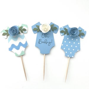 Oh Baby Cupcake Topper, Baby Bodysuit Blue Rose Personalize Baby Shower Cupcake Topper