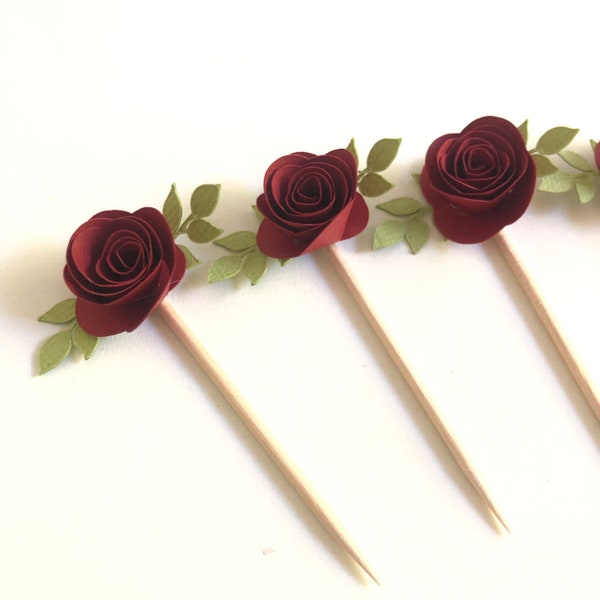 Red Rose, Burgundy Rose, Cupcake Topper, Mini Cupcake Picks, Birthday, Wedding, Showers, Celebrations