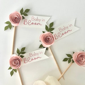 Baby in Bloom Cupcake Topper, Pink Rose Personalize Baby Shower Cupcake Topper