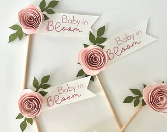 Baby in Bloom Cupcake Topper, Pink Rose Personalize Baby Shower Cupcake Topper