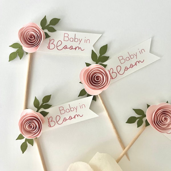 Baby in Bloom Cupcake Topper, Pink Rose Personalize Baby Shower Cupcake Topper