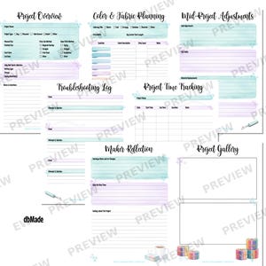 May include: A collection of printable project planning pages with headings like "Project Overview," "Color & Fabric Planning," and "Project Gallery." The pages have a watercolor design with blue and purple accents. The pages are designed for crafting projects.