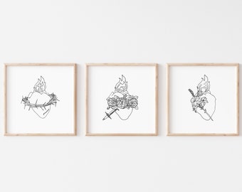 Catholic Print -  Heart Trio Line Art - Sacred Heart - Immaculate Heart - Chaste Heart - Jesus Mary and Joseph - 12X12 prints