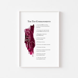 May include: A printable art print with a watercolor background in shades of pink and purple. The print features a line drawing of a mother and child. The text "The Ten Commandments" is at the top of the print, followed by a list of the Ten Commandments.