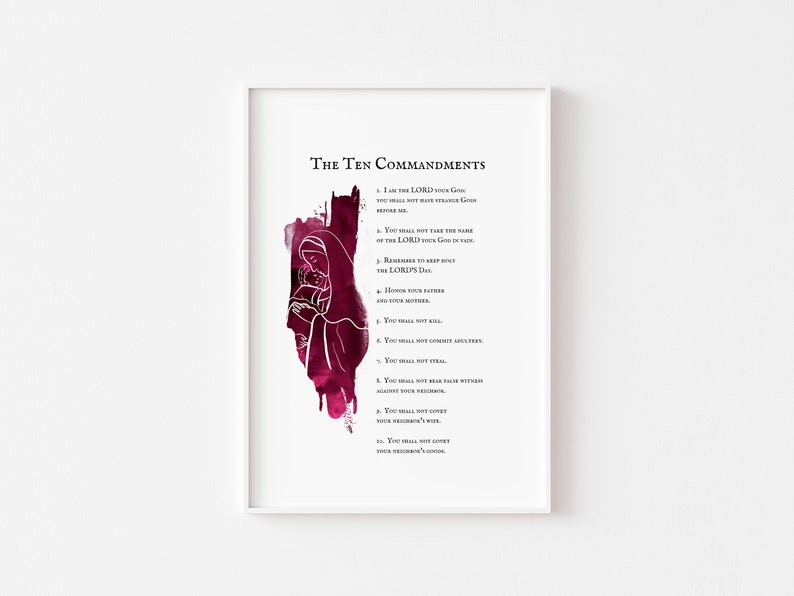 May include: A printable art print with a watercolor background in shades of pink and purple. The print features a line drawing of a mother and child. The text "The Ten Commandments" is at the top of the print, followed by a list of the Ten Commandments.