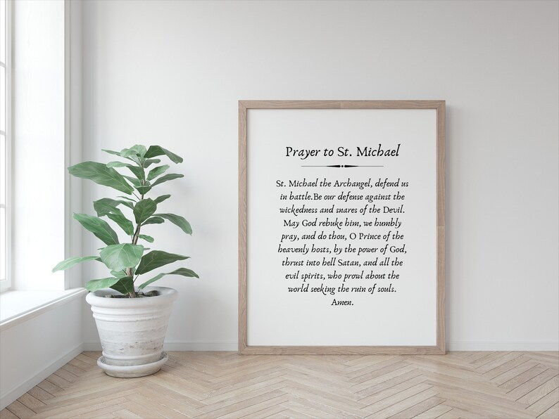 May include: A black and white printable wall art print with a prayer to Saint Michael. The text reads "Prayer to St. Michael" and includes the prayer in English.
