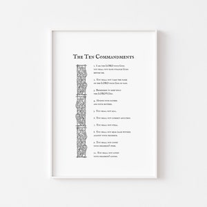 May include: A black and white printable poster with the text "The Ten Commandments" and a list of the Ten Commandments.