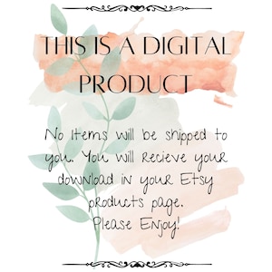 Puede incluir: Un anuncio de producto digital con un fondo de acuarela y hojas verdes. El texto dice "Este es un producto digital. No se enviar&aacute;n art&iacute;culos a usted. Recibir&aacute; su descarga en su p&aacute;gina de productos de Etsy. &iexcl;Disfrute!"