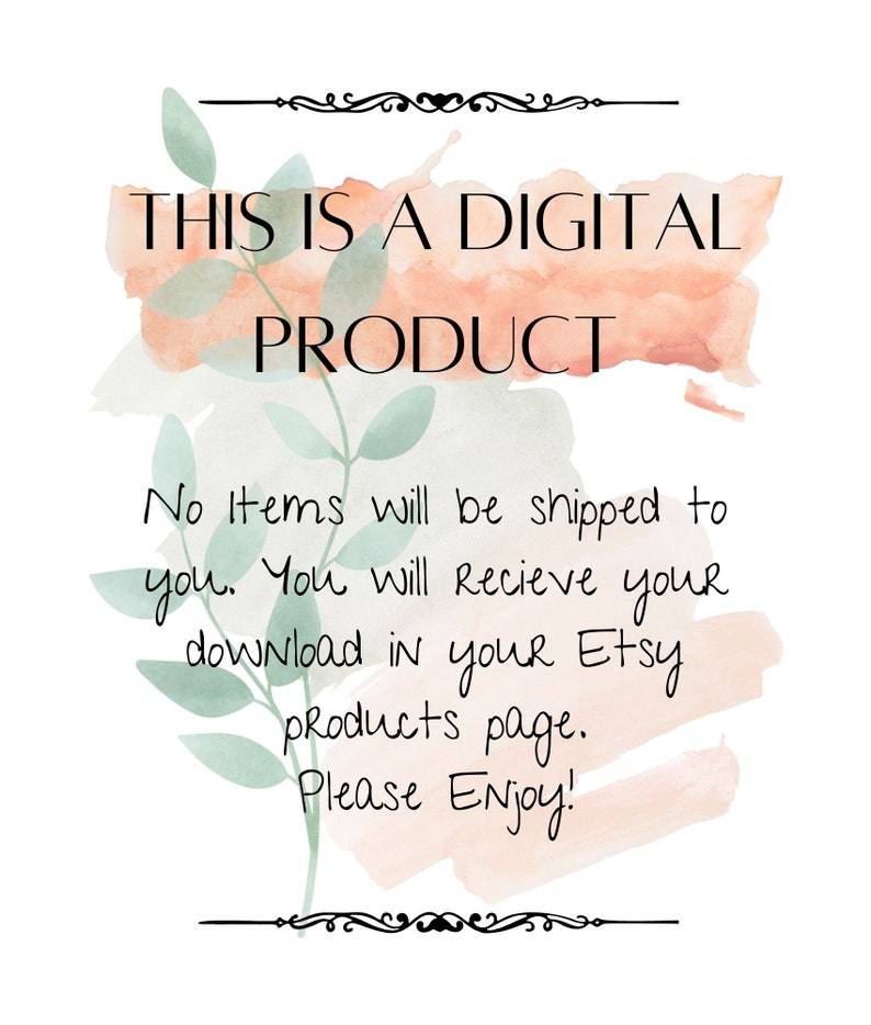 Puede incluir: Un anuncio de producto digital con un fondo de acuarela y hojas verdes. El texto dice "Este es un producto digital. No se enviar&aacute;n art&iacute;culos a usted. Recibir&aacute; su descarga en su p&aacute;gina de productos de Etsy. &iexcl;Disfrute!"