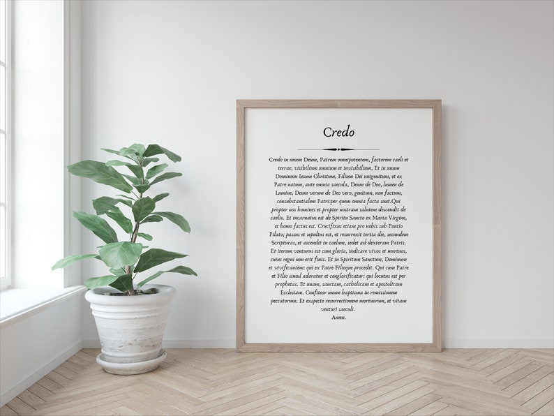 May include: A framed print of the Nicene Creed in black text on a white background. The frame is a light wood color.